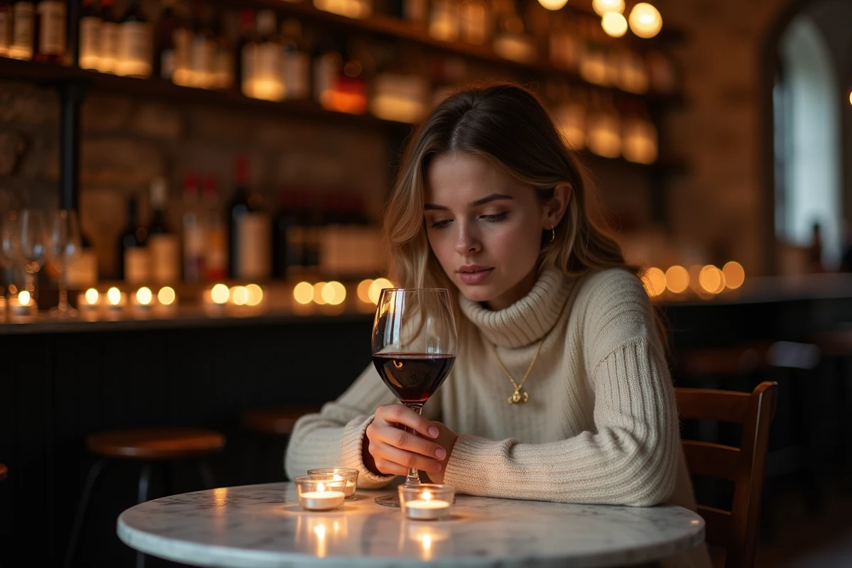 Femme seule dans un bar à vins intimiste entourée de bougies chauffe-plat, atmosphère romantique et cosy