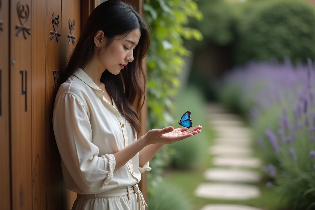 Jeune femme tenant une papillon bleu dans la main dans un jardin