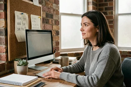 Femme concentrée dans un bureau à domicile lisant une citation motivante sur un tableau en liège, atmosphère chaleureuse et déterminée