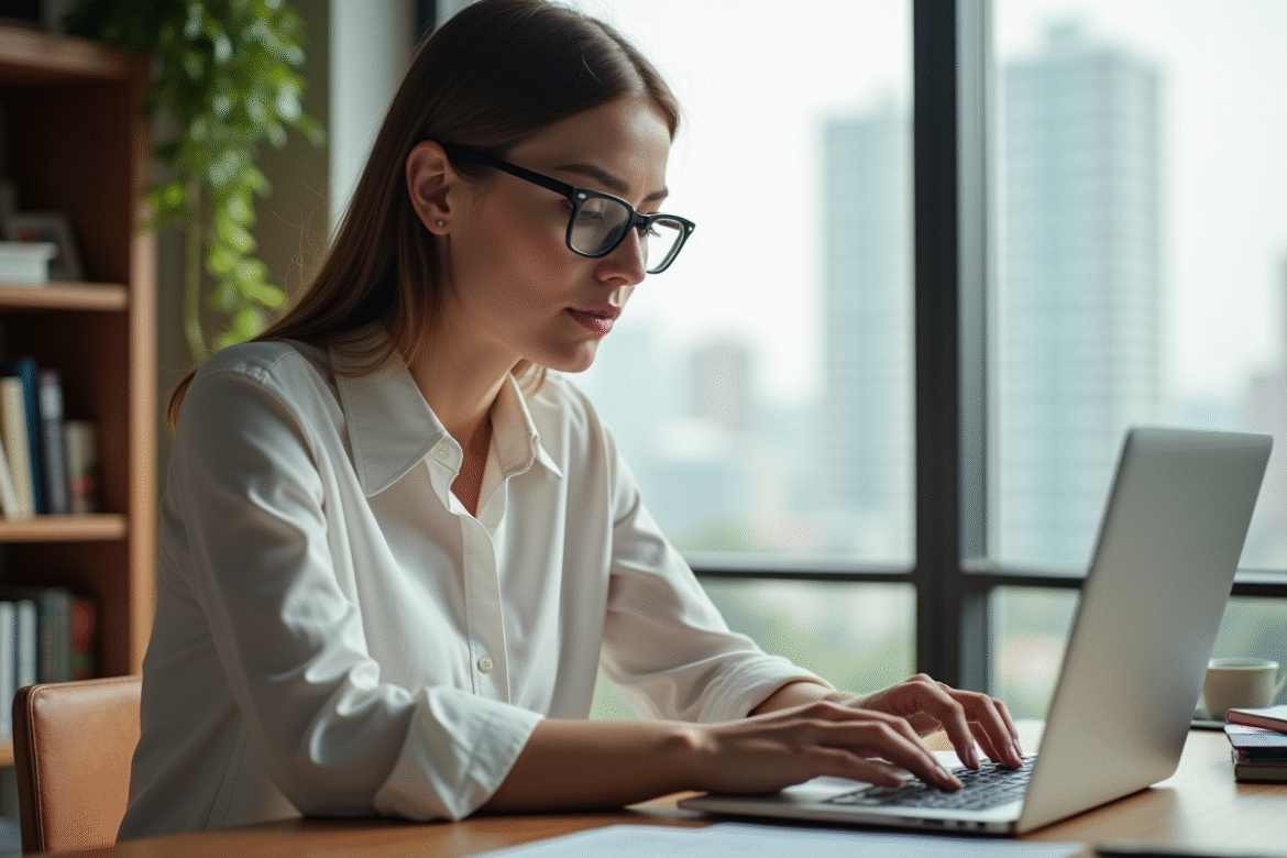 Femme au bureau avec lunettes antireflet et ordinateur portable