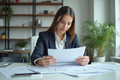 Jeune femme en bureau lisant des documents