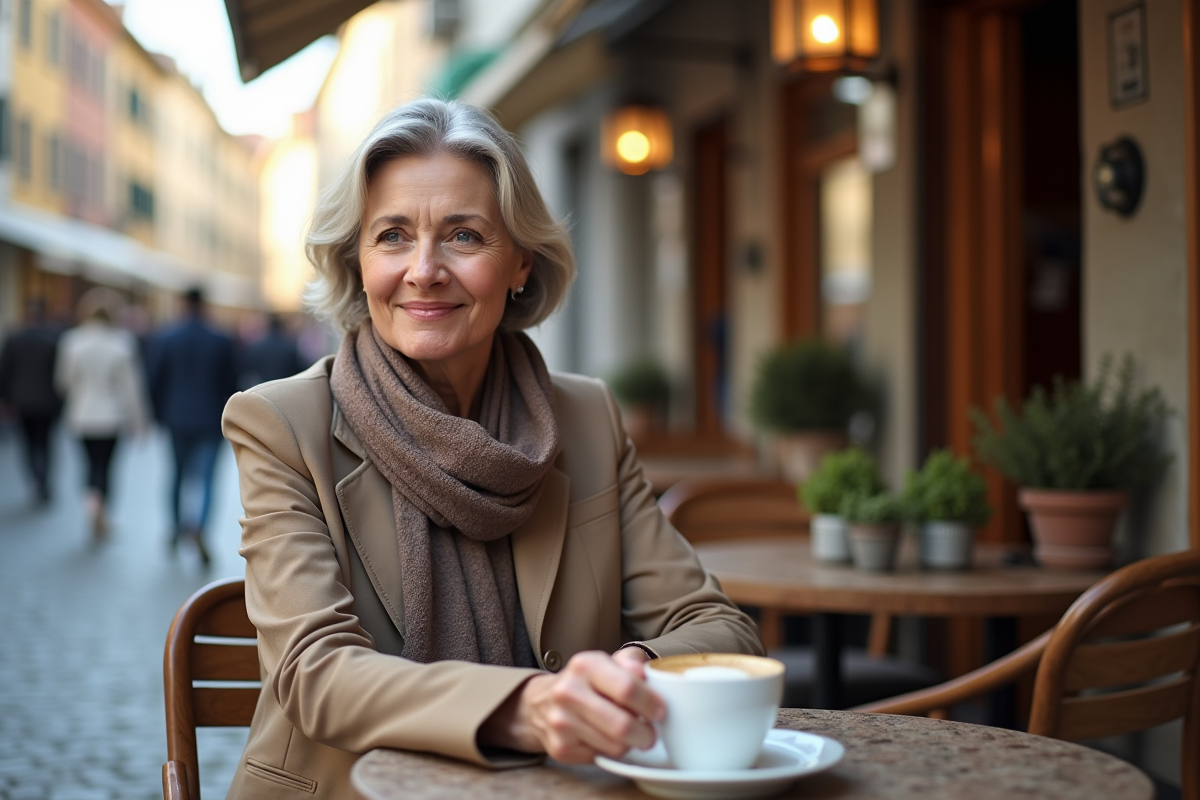 Femme mature sirotant un café en terrasse en Europe