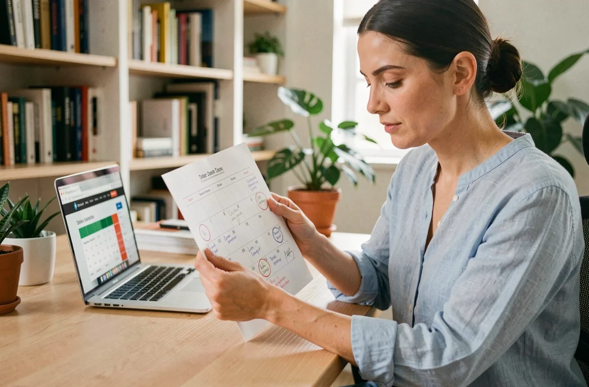 Femme consultant un calendrier annoté pour calculer le nombre de jours depuis une date de naissance