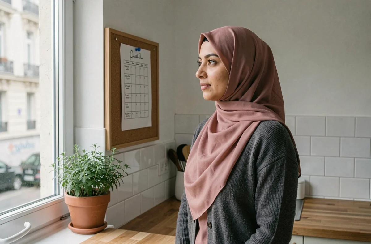 Femme consultant un calendrier des prières islamiques affiché dans une cuisine à Annemasse