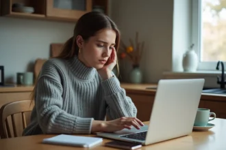 Jeune femme concentrée vérifiant du code sur son ordinateur à la maison
