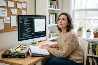 Femme en réflexion devant un ordinateur avec code et livres