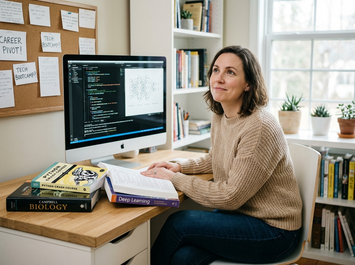 Femme en réflexion devant un ordinateur avec code et livres