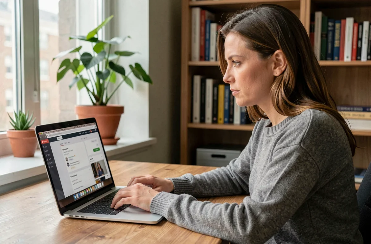 Femme consultant un site de recherche en ligne sur son ordinateur portable dans un bureau à domicile, évaluant la sécurité des plateformes concurrentes à Rabbit Findr