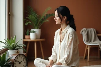 Femme contemplative assise près d'une horloge affichant 11h22, atmosphère méditative et éveil spirituel