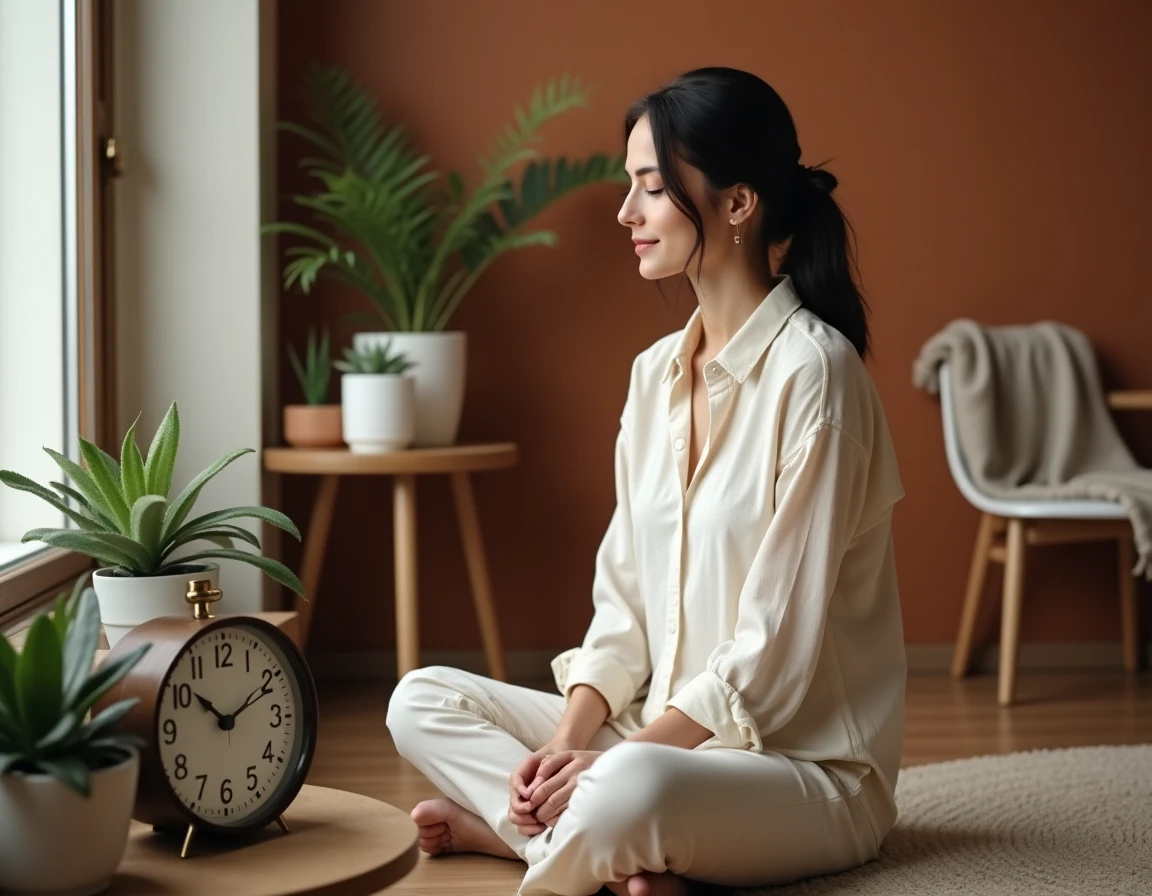 Femme contemplative assise près d'une horloge affichant 11h22, atmosphère méditative et éveil spirituel