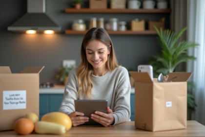 Jeune femme avec courses et smartphone dans une cuisine moderne