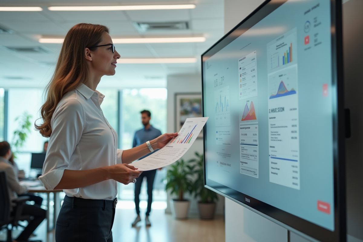 Femme designer présentant un rapport dans un espace collaboratif