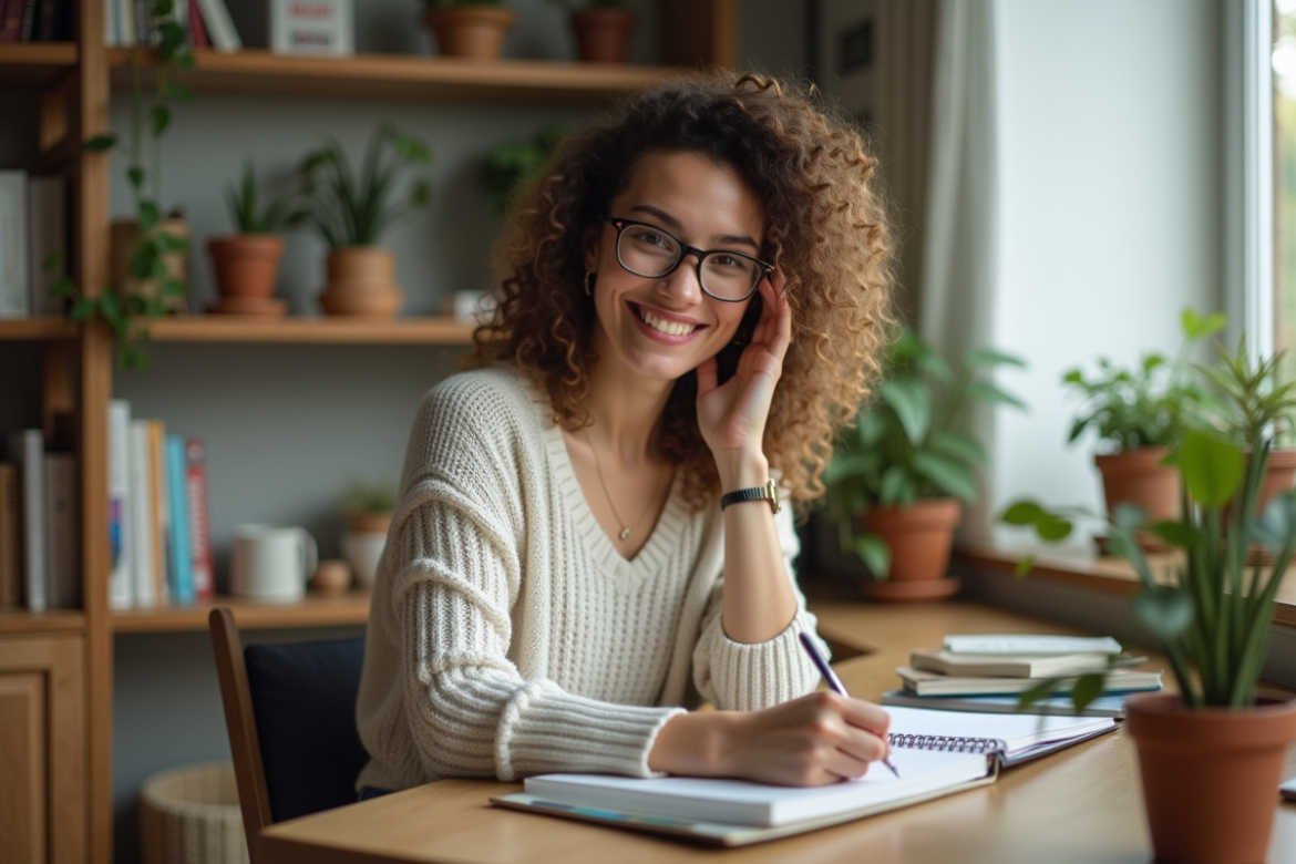 Jeune femme écrivant dans un journal à la maison