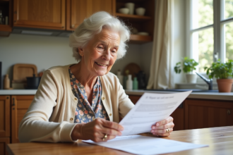 Femme âgée lisant une lettre d'impôts dans sa cuisine lumineuse