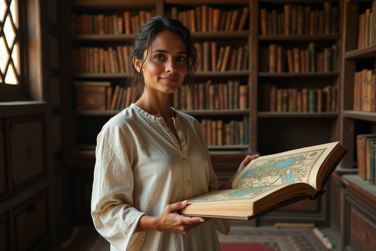 Femme consultant une encyclopédie illustrée sur les royaumes mythiques d'Asie centrale, référence aux origines du nom Shamballa