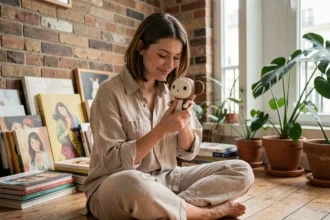 Jeune femme tenant une figurine Labubu et l'observant avec curiosité dans un appartement parisien