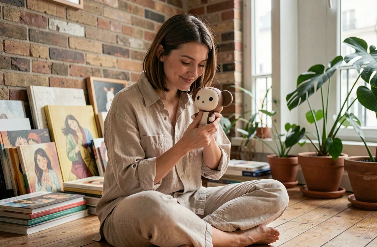 Jeune femme tenant une figurine Labubu et l'observant avec curiosité dans un appartement parisien