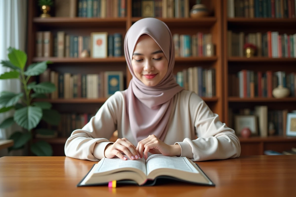 Jeune femme musulmane feuilletant un Qur