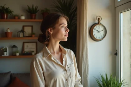 Femme contemplant une horloge analogique affichant 15h55, ambiance spirituelle et introspective dans un salon chaleureux