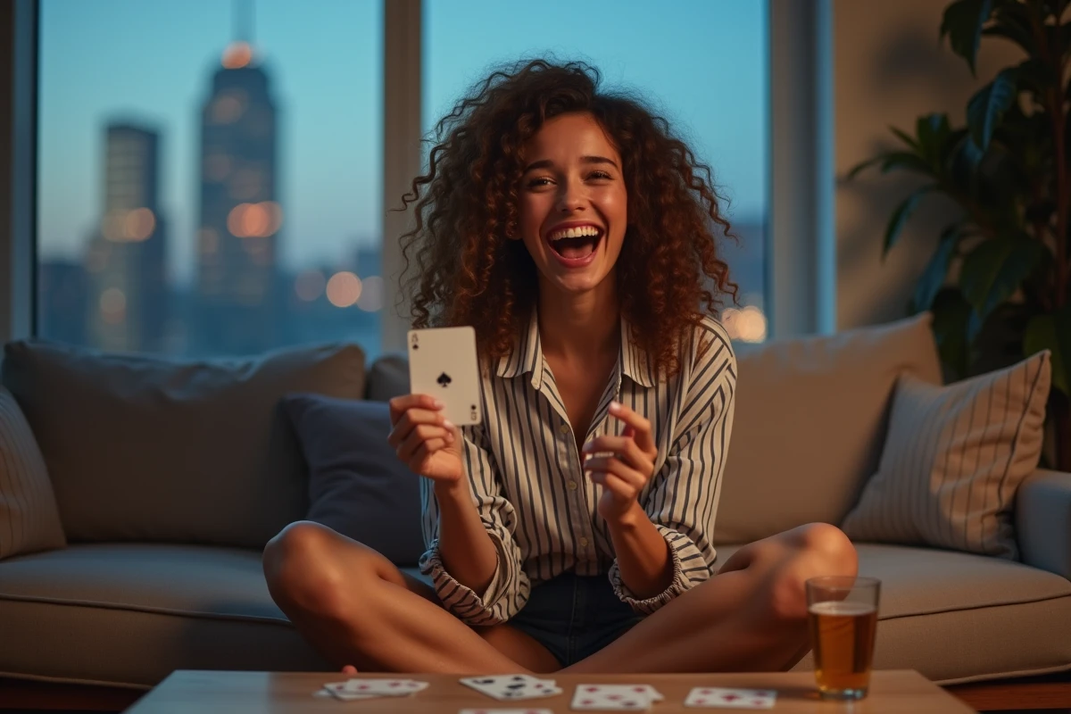 Jeune femme amusée tenant une carte à jouer lors d'une partie du jeu Palmier Règle dans un appartement moderne
