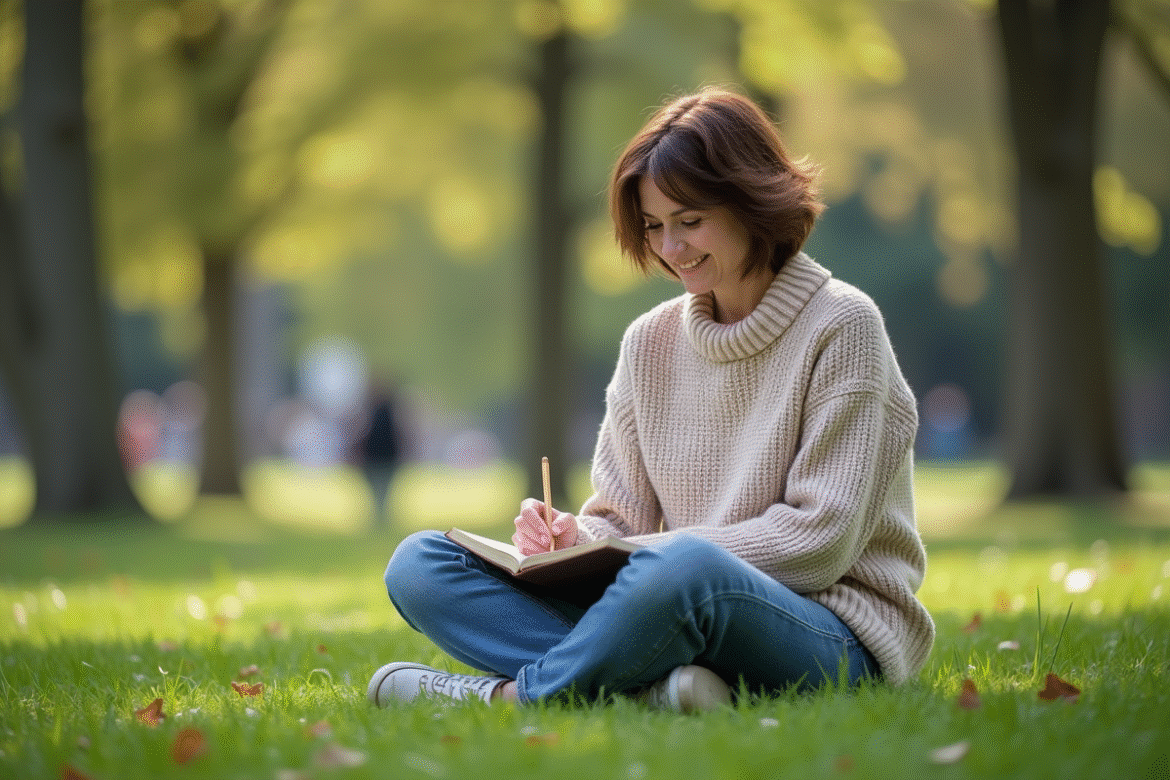 Femme assise dans un parc écrivant dans un journal