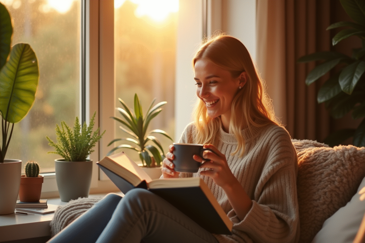 Jeune femme souriante lisant dans un salon cosy ensoleille