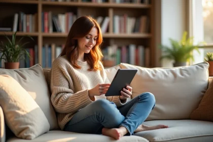 Femme souriante lisant sur une tablette dans un salon cosy