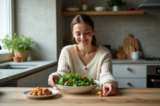 Femme en sweater cosy choisissant des aliments sains