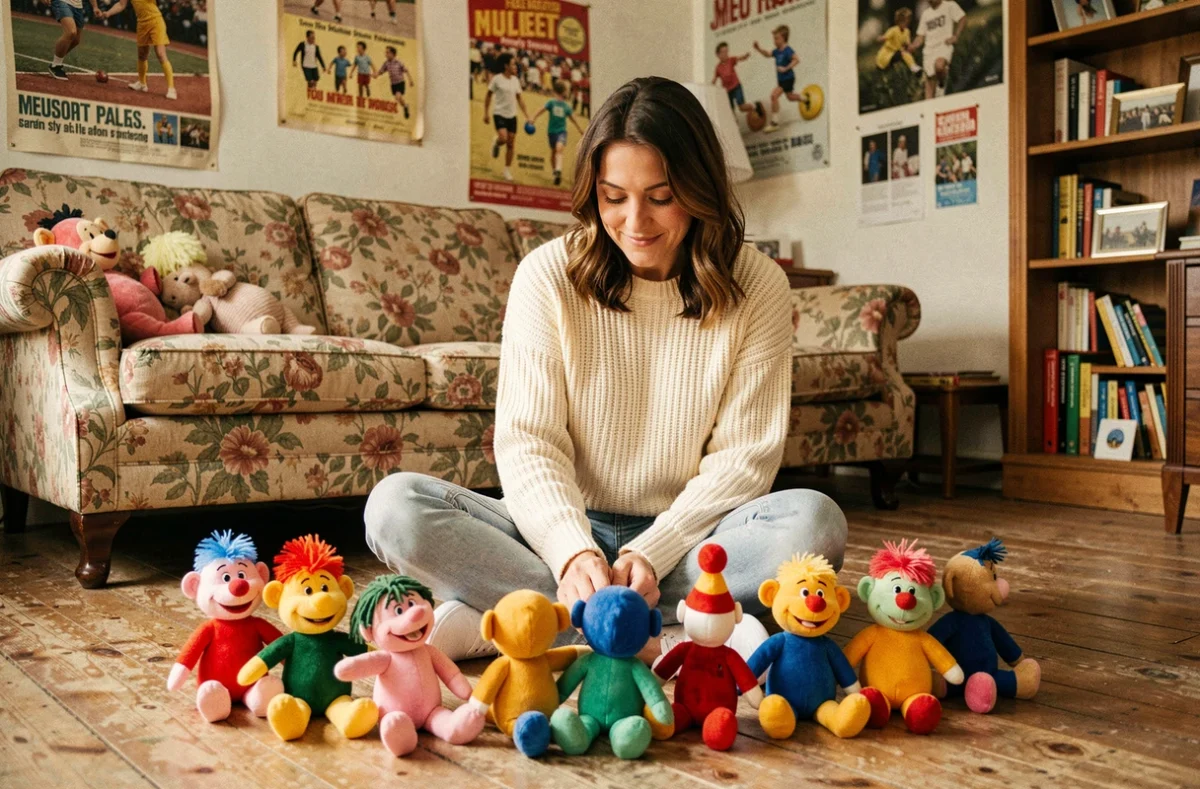 Femme adulte nostalgique entourée de peluches Télétubbies colorées dans un salon vintage des années 90