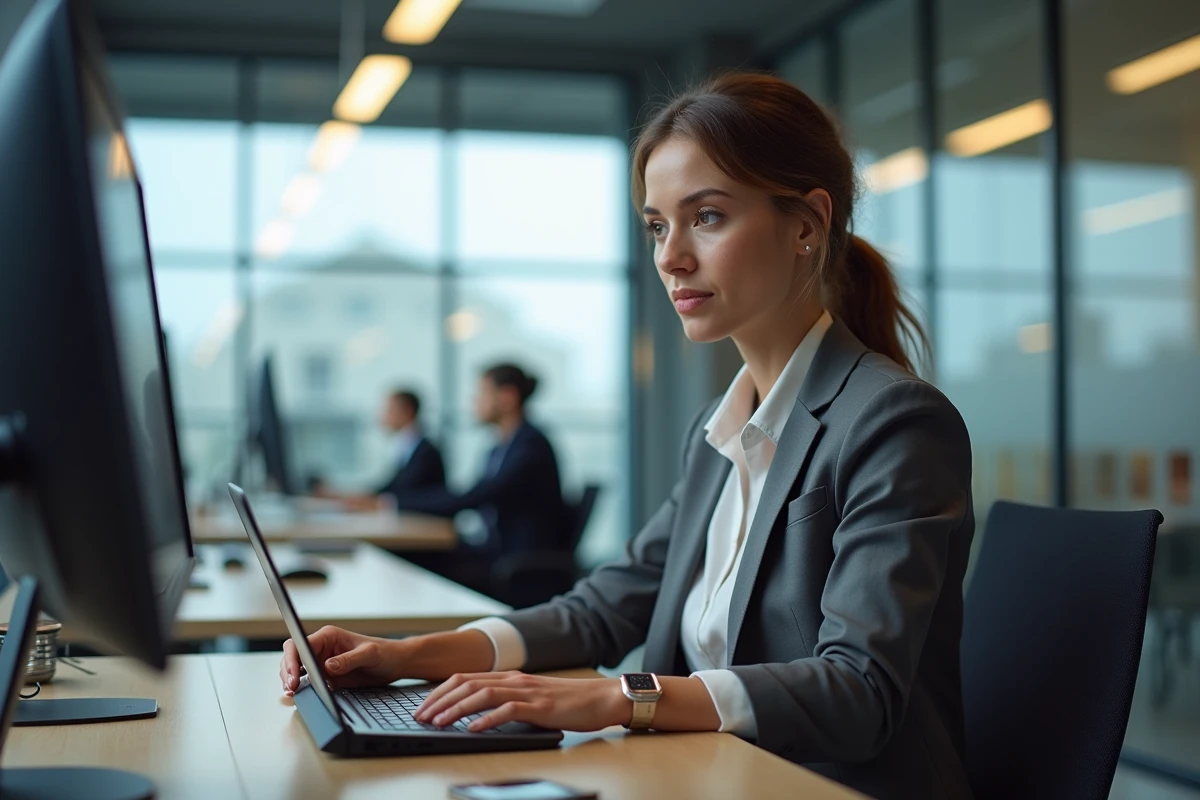 Femme en tenue professionnelle examine un appareil électronique moderne