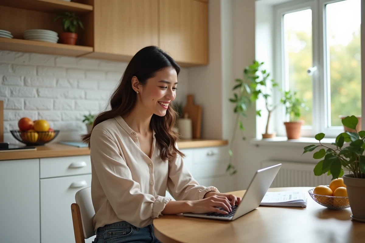 Jeune femme souriante utilise une tablette dans une cuisine lumineuse