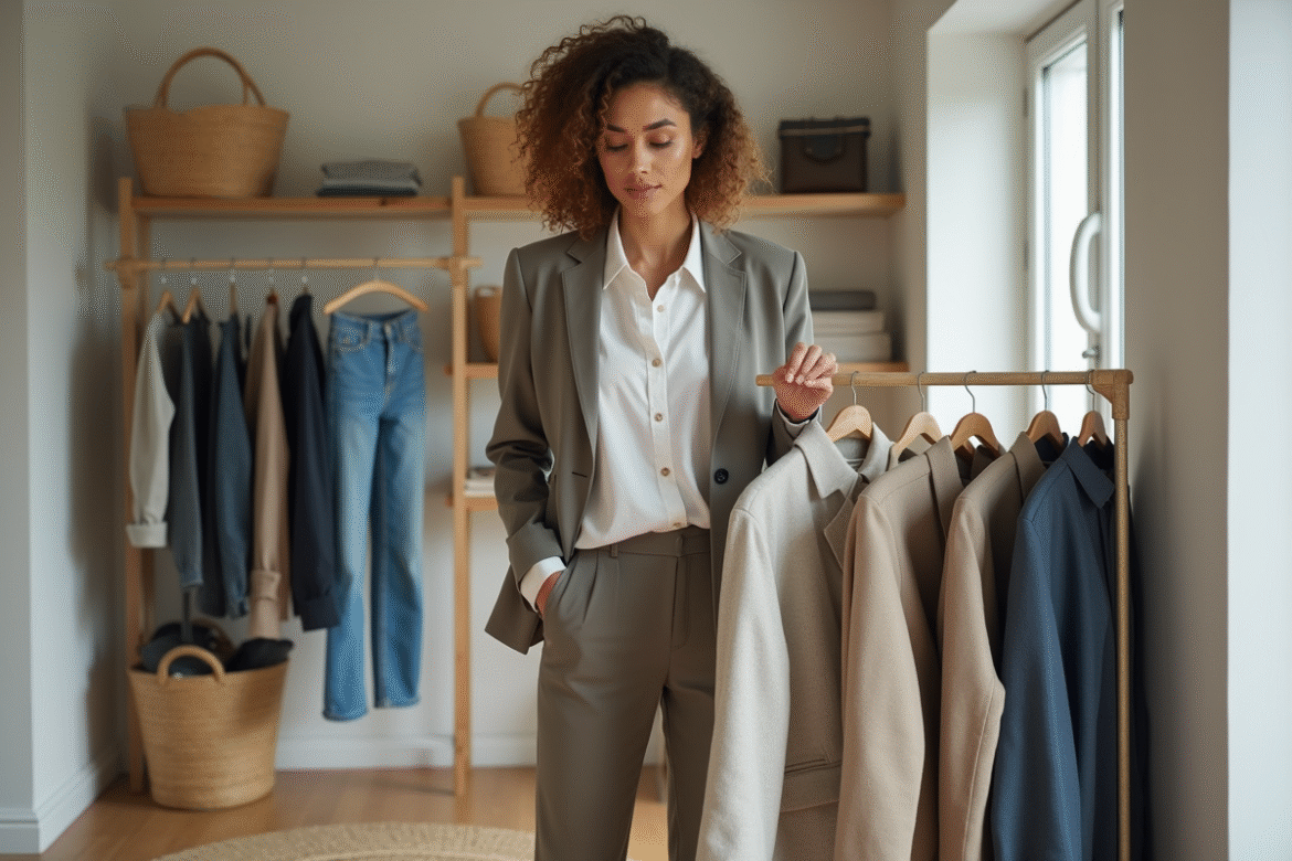 Femme en tenue neutre organisant son dressing lumineux