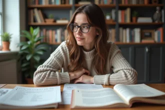 Femme concentrée organisant des notecards dans un bureau moderne