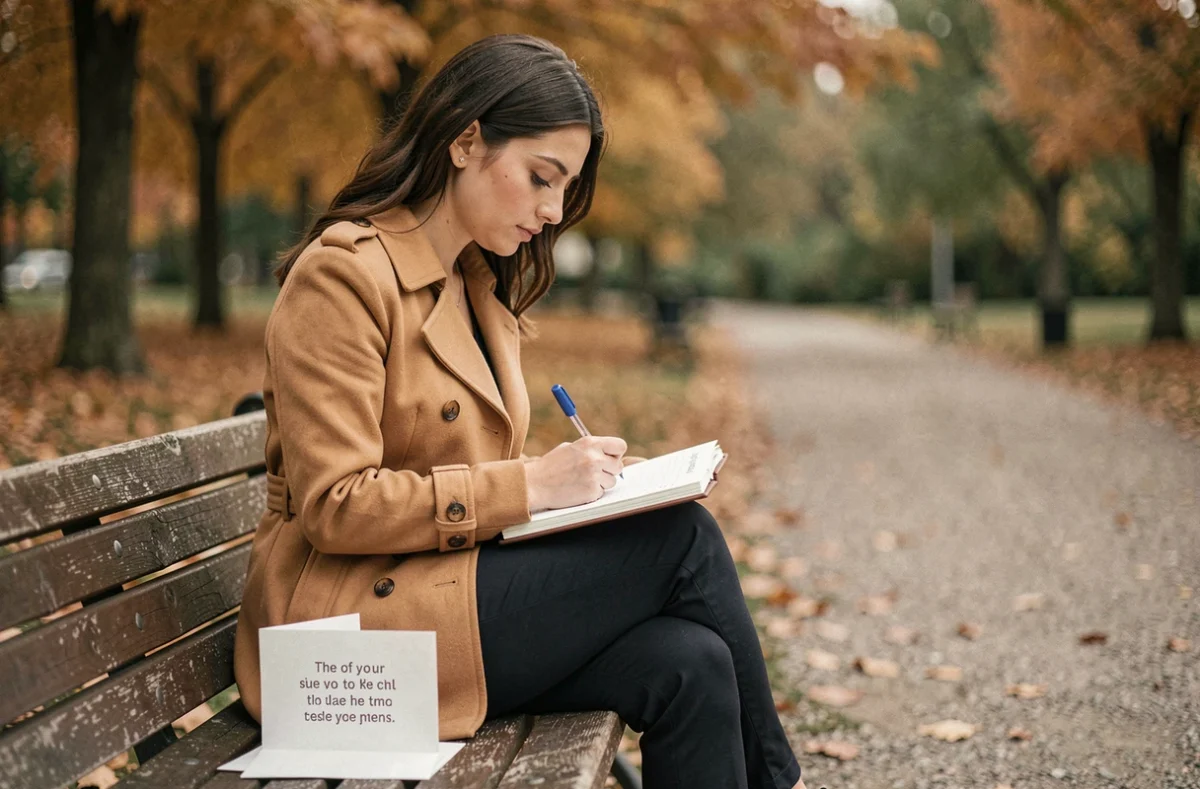 Jeune femme écrivant dans un journal sur un banc de parc en automne avec une citation de motivation posée à côté d'elle, scène inspirante en plein air