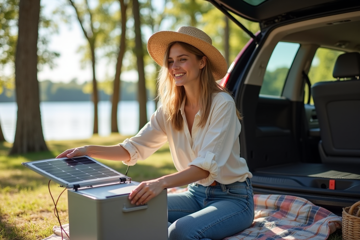 Femme préparant un pique-nique près d un SUV avec panneau solaire
