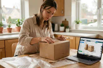 Femme préparant un colis à expédier via Mondial Relay depuis son domicile, comparant les prix d'envoi sur ordinateur portable