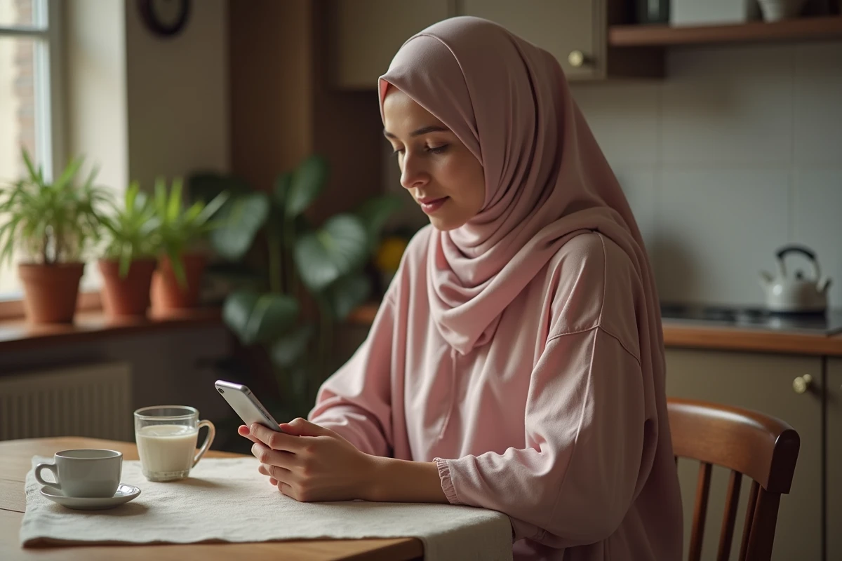 Jeune femme musulmane priant au petit matin dans sa cuisine