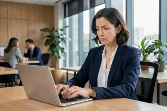 Femme professionnelle en blazer marine rédigeant un email formel sur un ordinateur portable dans un bureau moderne, illustrant les formules de politesse dans les emails professionnels