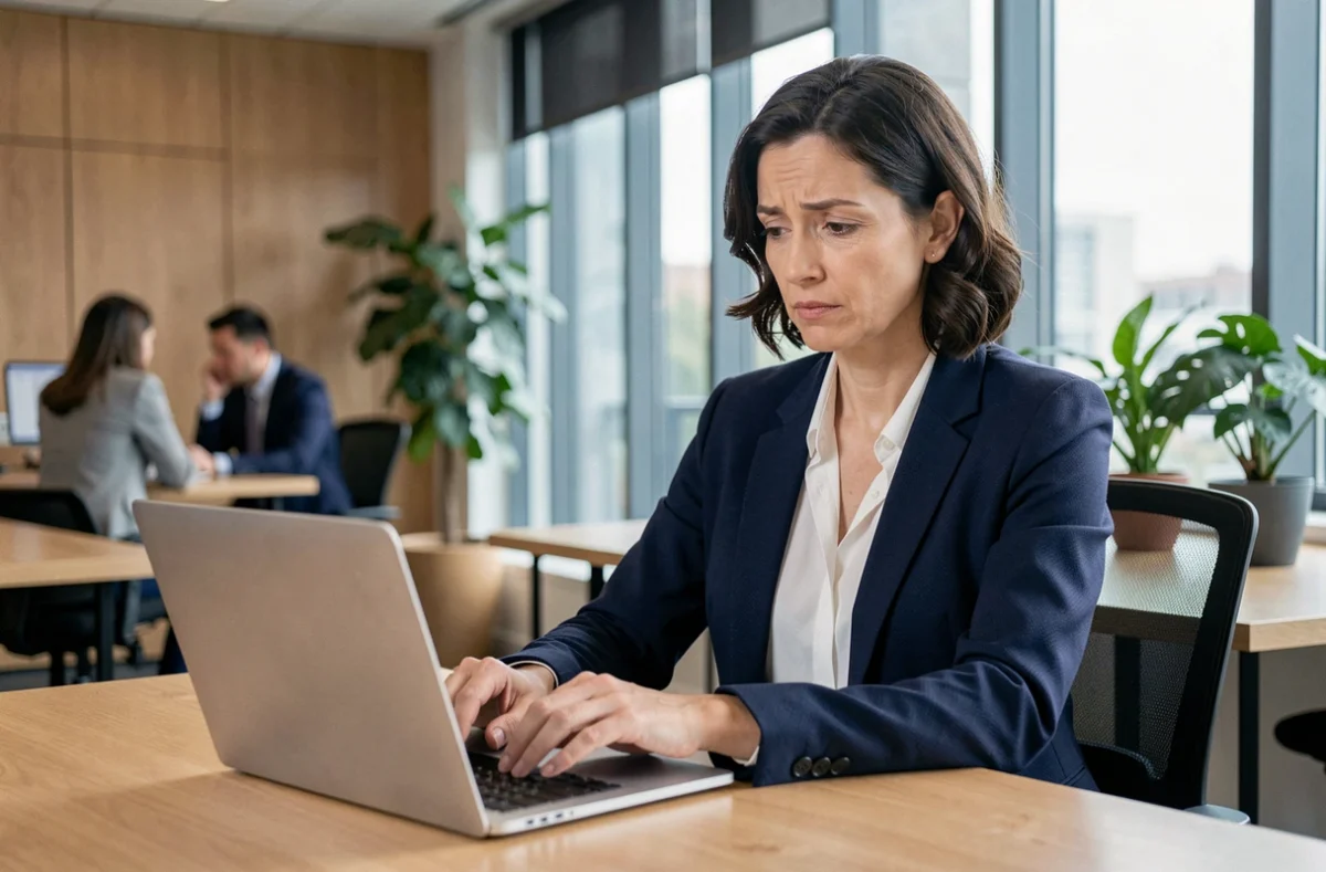 Femme professionnelle en blazer marine rédigeant un email formel sur un ordinateur portable dans un bureau moderne, illustrant les formules de politesse dans les emails professionnels