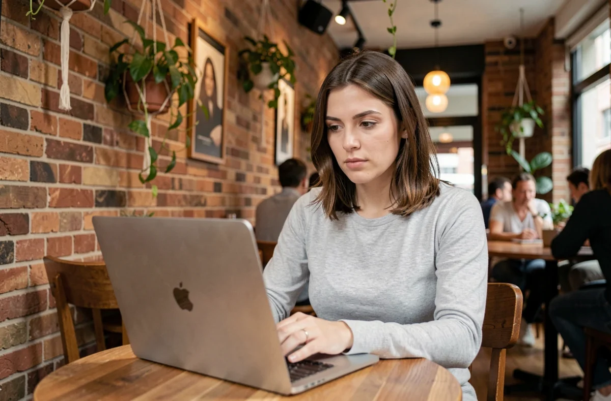Femme prudente consultant un site internet sur son ordinateur portable dans un café urbain pour éviter les faux sites