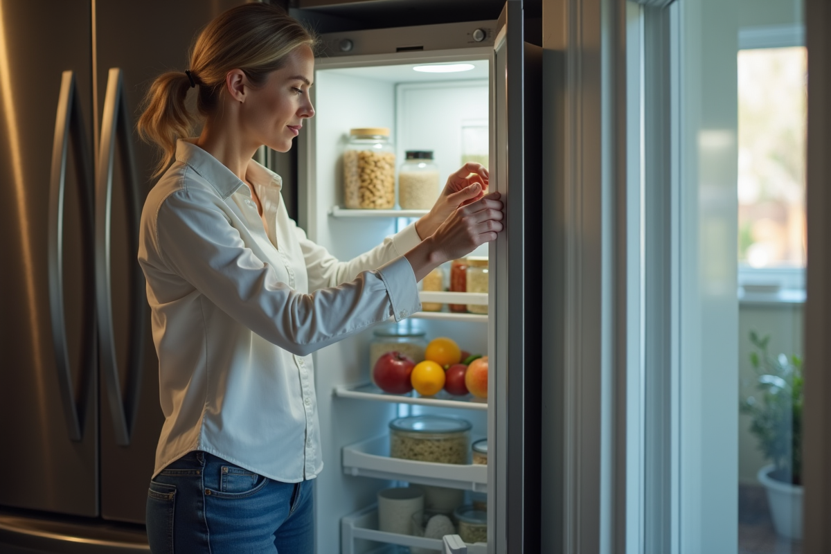 Femme réglant le thermostat dans son réfrigérateur moderne