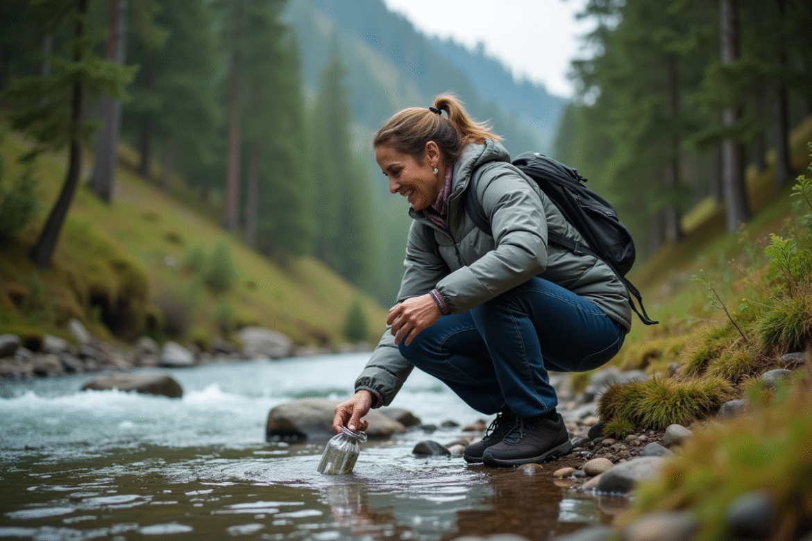 Femme recueillant de l'eau dans une rivière en forêt