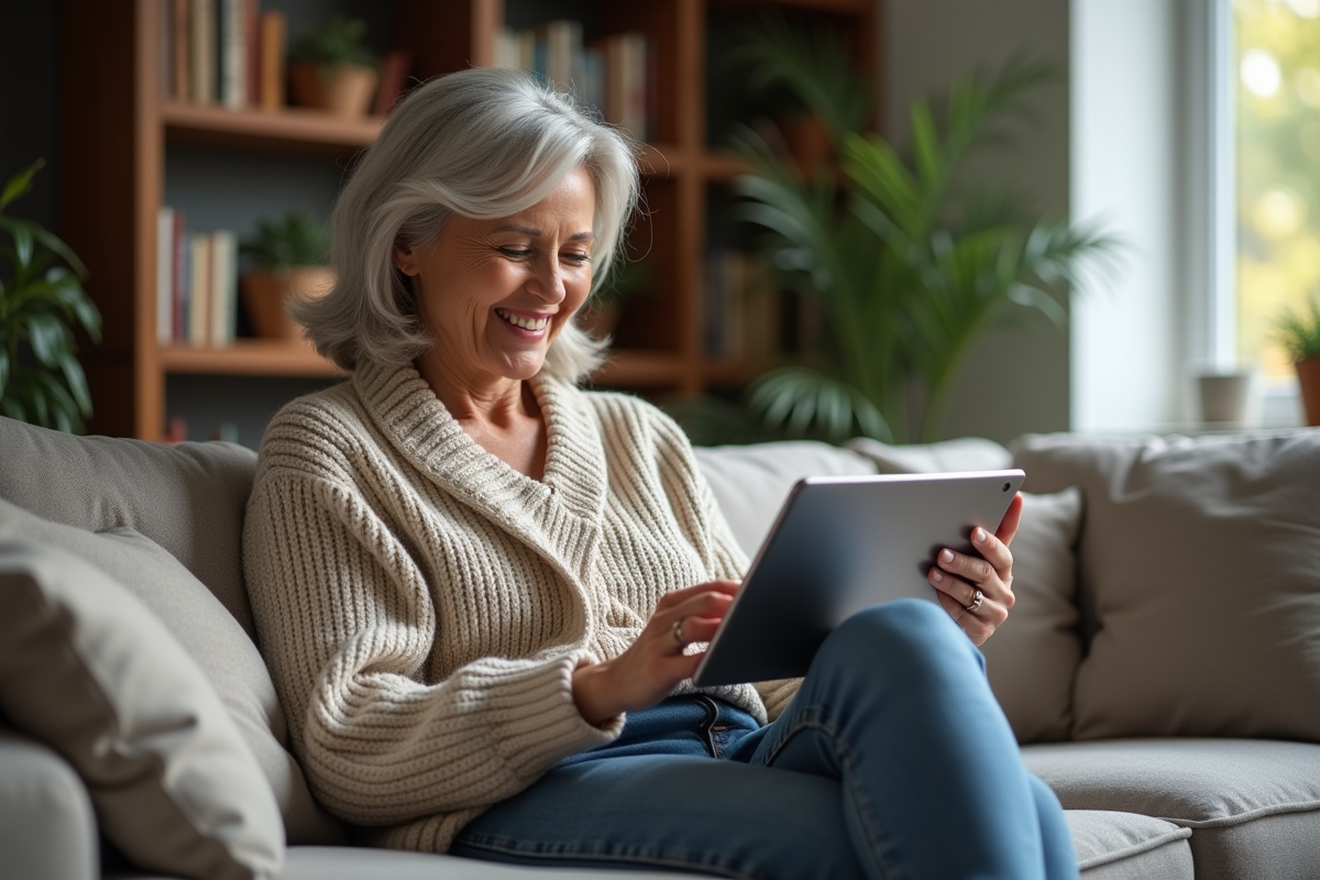 Femme testant plusieurs tablettes dans un salon confortable