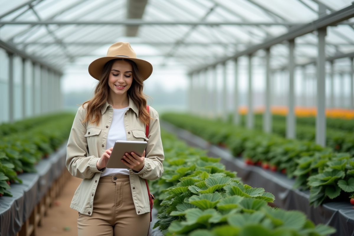 Jeune femme vérifiant des plants de fraises en serre moderne