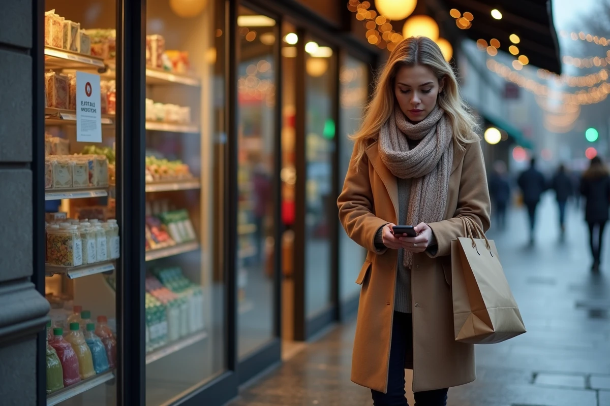 Femme en manteau d'hiver vérifiant son téléphone devant un supermarché