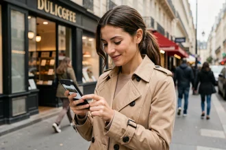 Femme consultant son smartphone dans une rue commerçante française pour trouver un commerce ouvert à proximité