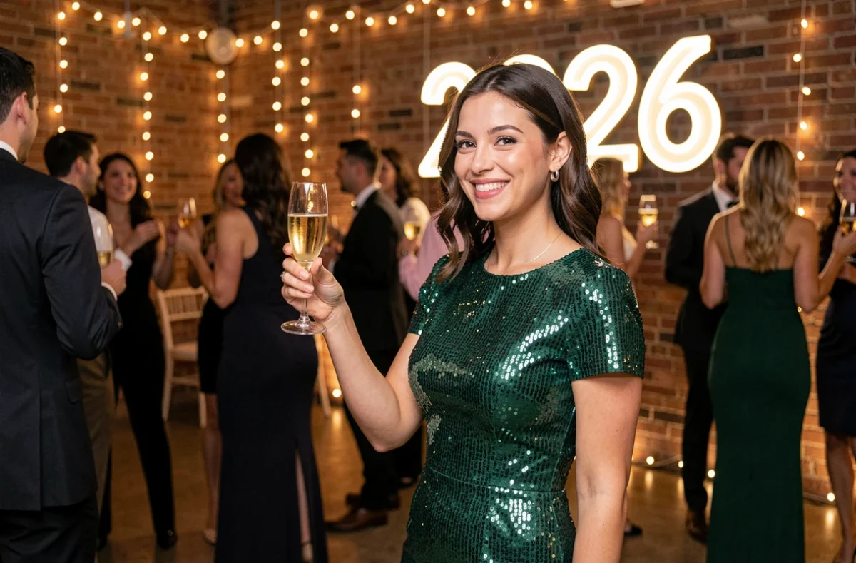 Femme en robe de soirée levant un verre de champagne lors d'une fête du Nouvel An 2026 organisée avec piste de danse