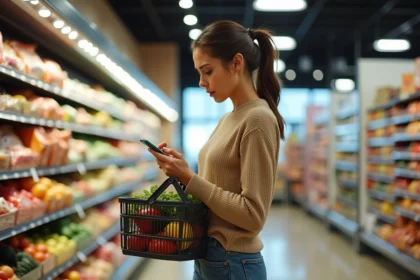 Femme dans un supermarché regardant son téléphone