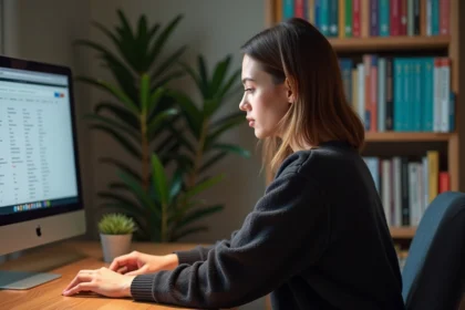 Jeune femme concentrée devant son ordinateur dans un bureau à domicile