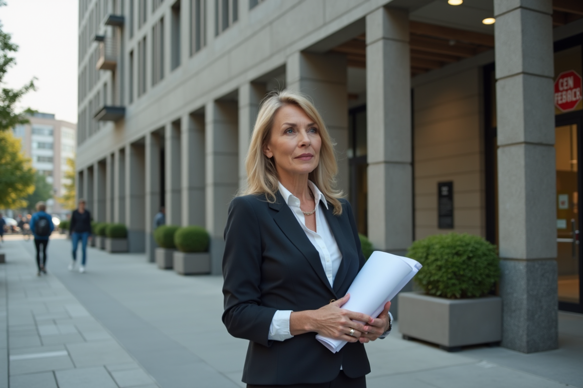 Femme d affaires avec documents d urbanisme devant mairie